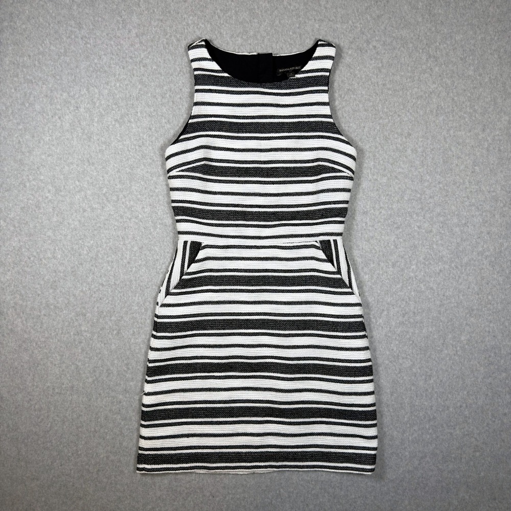 Banana Republic Black White Striped Sleeveless Sheath Dress Pockets Size 2
